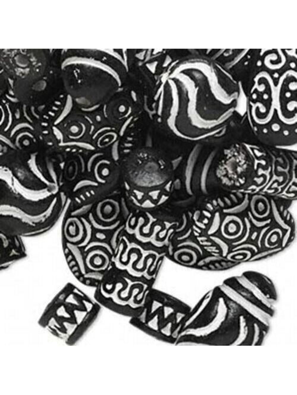 Vintage Ethnic African Tribal Clay Beads Black White 12 pcs